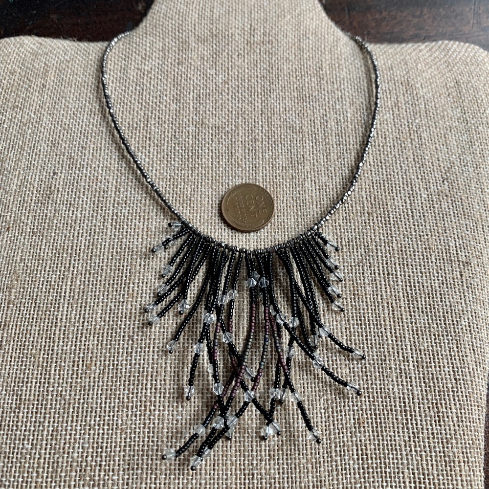 Waterfall Hematite Seed Bead & Crystal Swag/Fringe Choker Necklace - Goth Choker
